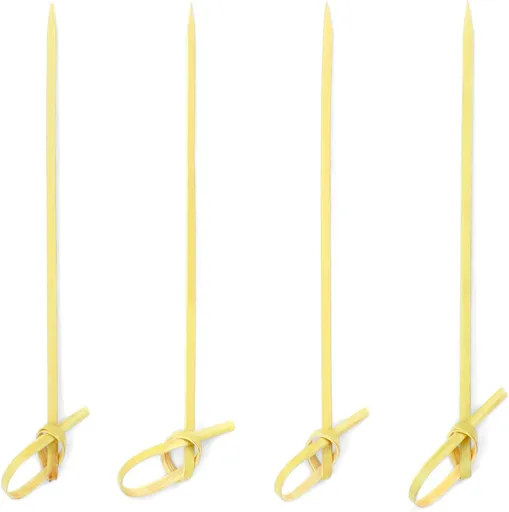 100 Bamboo Cocktail Picks, 4 inch Looped Knot Natural Bamboo Skewers for BBQ, Appetizers (100 Pack)