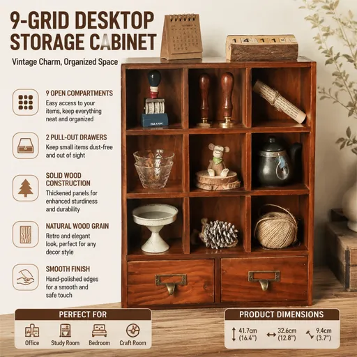 Vintage Wooden 9-Grid Open Desktop Organizer with Double Drawers and Durable Metal Handle – Handcrafted Retro Storage Cabinet and Decorative Lifestyle Piece for Office & Home