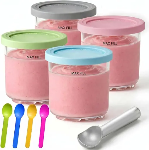 4-Pack Reusable Ice Cream Pints with 4 Spoons - 16oz Creami Containers & Lids Set Compatible with Ninja Creami NC300/NC299AMZ, BPA-Free & Dishwasher Safe (Transparent)
