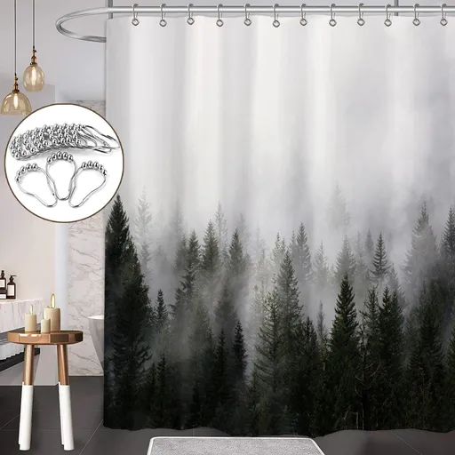 Misty Forest Shower Curtains,Nature and Woodland Shower Curtain,Fantasy Fog Magic Winter Tree Bath Curtain for Bathroom