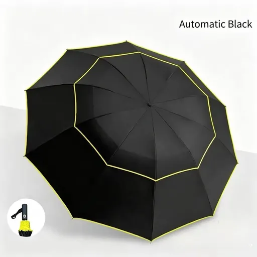 Black Compact 3-Folding Automatic Golf Umbrella, 42 Inch Large Coverage Double Canopy with 10 Steel Windproof Ribs, Waterproof Impact Cloth for Men and Women, Outdoor Sports Sun & Rain Protection