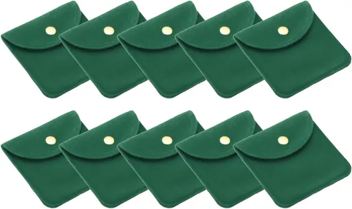 8x8cm Jewelry Pouches with Snap Button, 10 Pack Velvet Portable Soft Storage for Necklace Bracelet Earring Watch Rings Brooch, Dark Green