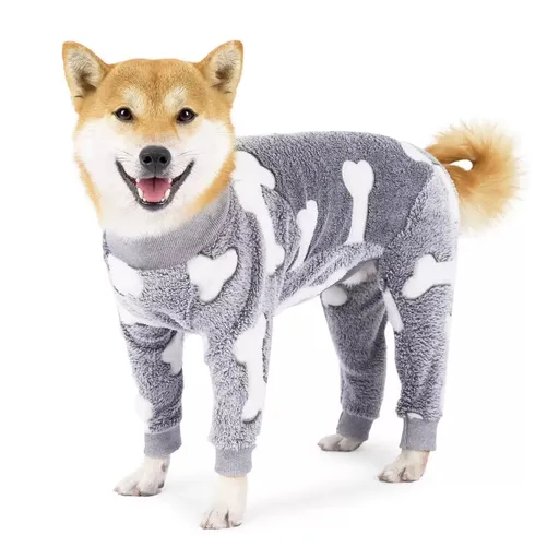 Cozy Winter Pet Fleece Four-Legged Bodysuit, Warm Flannel Full-Body Pajamas for Small to Medium Dogs, Star & Moon Print, Elastic Cuffs for Easy Wear (2XL, Grey)
