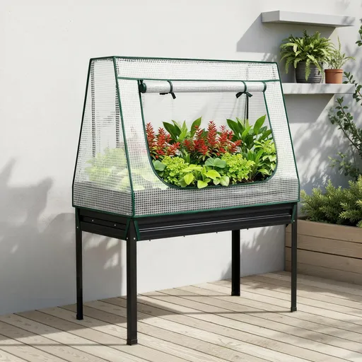Green Fingers Elevated Metal Garden Bed Kit w Mini Greenhouse Cover 116x60cm Stand-Up Height Trellis