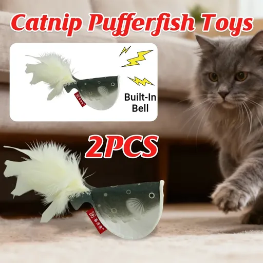 2pcs Catnip Pufferfish Cat Toy with Feather Tail Bell Interactive Felt Toy