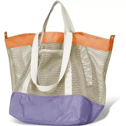 Mesh Tote Bag - Two-Tone Patchwork Shoulder Bag, Lightweight & Foldable for Beach, Gym, Travel（Purple）