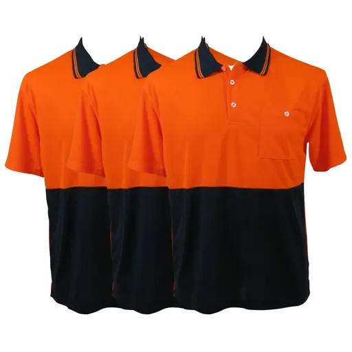 Hi-Vis Polo Shirt Safety Workwear Short Sleeve Breathable Mesh 3 Piece Orange/Navy