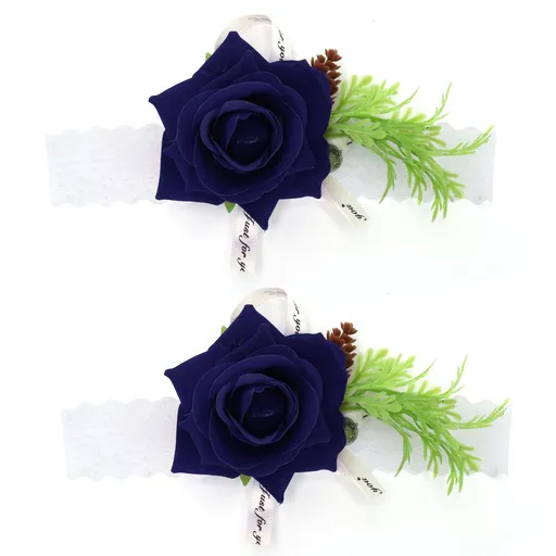 2Pcs Bridesmaid Silk Wrist Flower Bridal Corsage Wedding Ceremony Decoration SupplySapphire Blue