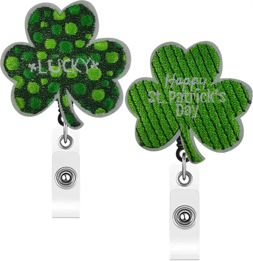 St Patricks Day Badge Reel, 2Pcs Retractable Shamrock Badge Reel, Cute Lucky Clover ID Name Badge Holder with Alligator Clip for Nurse Doctor Teacher Student Name Tag Card Badge Accessories