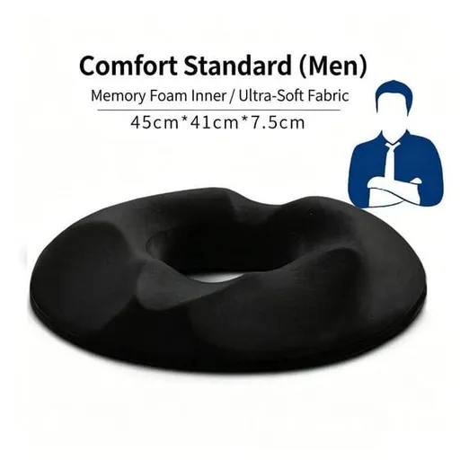 Men Memory Foam Donut Cushion, Orthopedic Relief Cushion, Ergonomic Hollow Seat Pad, Coccyx & Hemorrhoid Pressure Relief, Breathable Non‑Slip Seat Cushion for Office Chair, Safety Seat, Home Use, Black