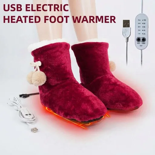 Cozy Wine-Red USB Heated Foot Warmer Boots with Plush Fleece Lining, Adjustable Temperature & Timer, Perfect for Indoor Lounging, Home Office, and Cold-Weather Relaxation (Red)