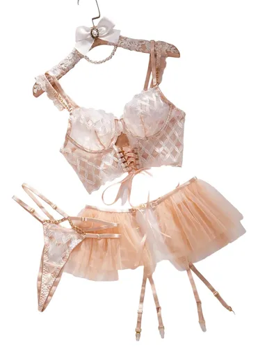House Of Dasein Lingge Embroidery Sexy Strap Mesh Puff Skirt Underwear Set - M