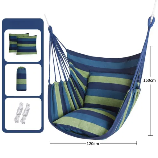 Blue Green Stripes Oversized Hanging Swing Chair Canvas Hammock + 2 Pack 45 x 45CM Pillows Set (120 x 150 CM) - Portable Indoor & Outdoor Thickened Leisure Hammock Chair with Binding Ropes and Storage Bag