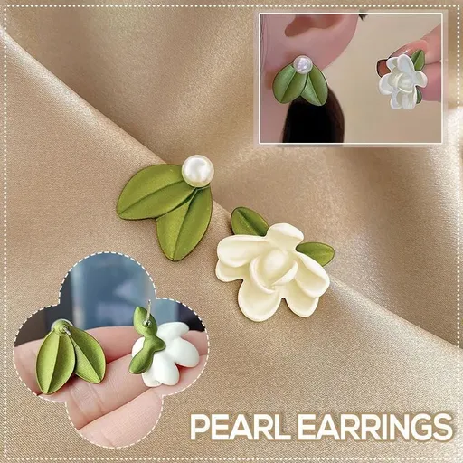 Asymmetrical Pearl Flower Stud Earrings 925 Silver Needle Summer Leaf Design