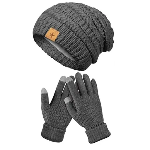 Beanie and Touchscreen Gloves Set Winter Warm Fleece-Lined 2-Piece Gray
