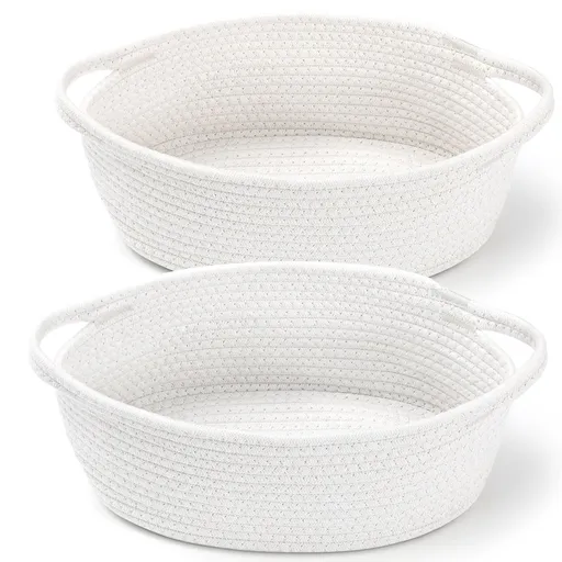 2 Pack Small Woven Basket with Gift Bags and Ribbons, Empty Decorative Chest Box, Cute Baby for Nursery, Cotton Rope Room Shelf Storage Handles, All 12"x 8"x 5",White White -