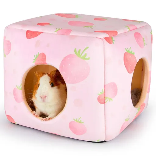 Guinea Pig Hideout, Washable Guinea Pigs House Cozy Guinea Pigs Bed for Small Pet Bunny/Rabbit/Hamster/Chinchilla Guinea Pig Accessories Strawberry（ Pink Heart）