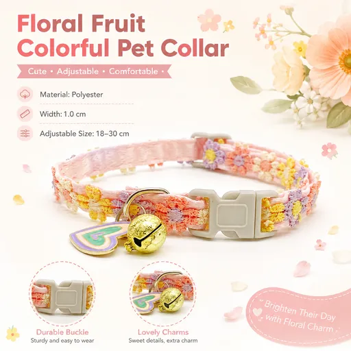 Floral Lace Pet Collar with Bell and Charm (Heart-shaped design)- Adjustable Polyester Cat Collar for Small Dogs and Cats, Colourful Embroidered Neck Collar, Cute Puppy Kitten Accessory, 18-30cm