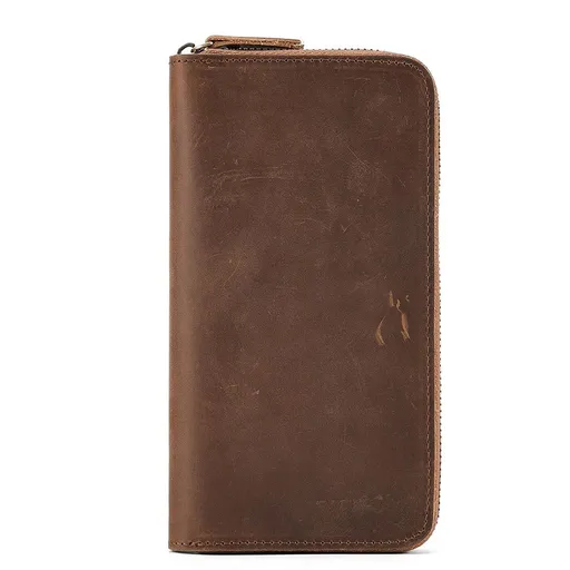Genuine Leather anti-theft Long Wallet for Men with Zipper Blocking Vintage Bifold Purse, Clutch Bag, Handbag, Checkbook, Cash brown