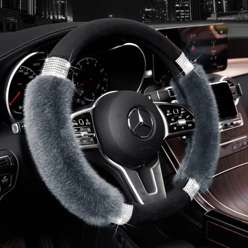 Rhinestone Fluffy Steering Wheel Cover - Comfortable Non-Slip Luxury Faux Wool, Universal Fit for 14.5" to 15" Steering Wheels