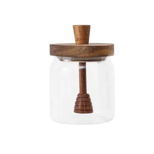 Honey jar glass rack dispenser set for home kitchen, with wooden stick and lid, transparent modern honey syrup glass container, used for storing gifts,