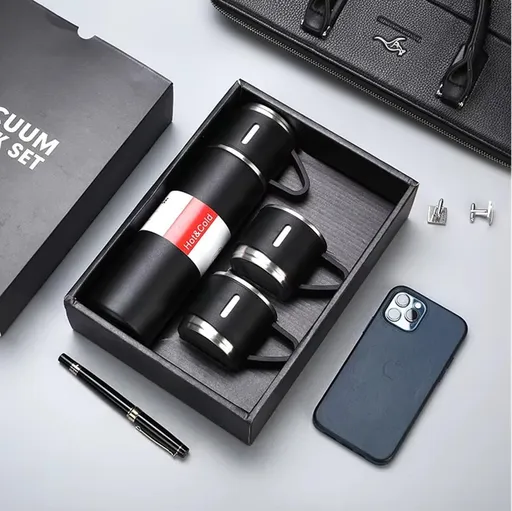 Stainless Steel Vacuum Flask Gift Set with 2 Sharing Cups — 500ml Double-Wall Insulated Bottle | 12H Hot, 24H Cold | Coffee & Tea Travel Mug | Father's Day Birthday Gift - Black - Size 500ml