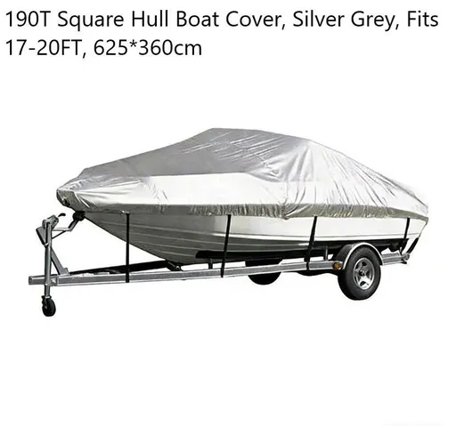 190T Polyester Taffeta Square Hull Boat Cover, Outdoor Weatherproof Boat Protective Cover, Silver Grey, Fits 17-20FT, 625cm*360cm, Convenient For Outdoor Berthing