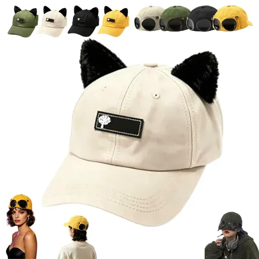 Aviator Style Baseball Cap with Integrated Goggles,Retro Pilot Style Hats Canvas Baseball Cap with Attached Goggle Sunglasses,Vintage Pilot Cat Ear Beanie,Hip Hop Peaked Cap,Detachable Unisex Fit - Beige