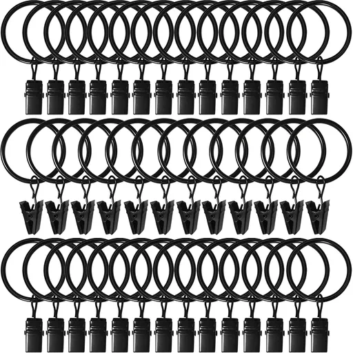 40 Pack Curtain Rings with Clips, Drapery Clips Rings, Drapes 1.26 in Interior Diameter, Fits up to 1 Rod, Black 1.26" I D