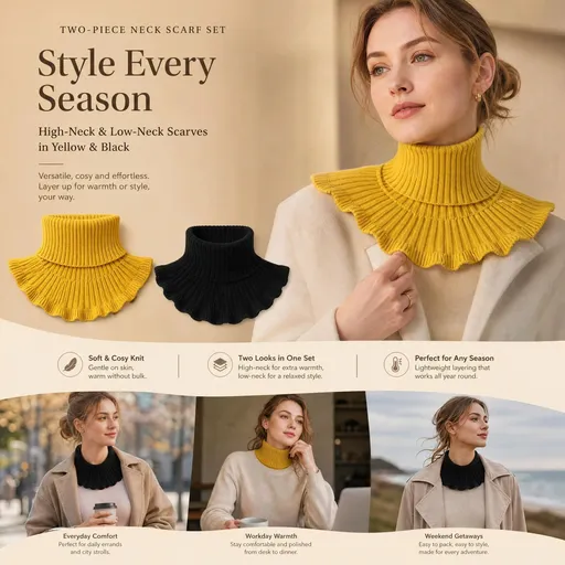 2-Pack thick knit neck wrap combo Yellow & Black, two-tone full wind shield mock high collar accessory