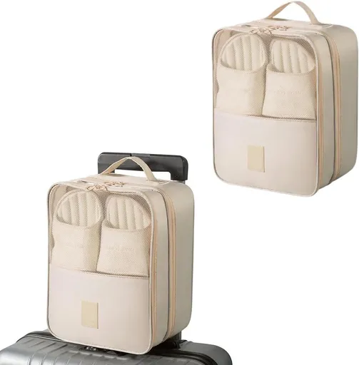 2 Pcs Shoe Storage Bag, Portable Travel Shoe Organizer with Handle for Suitcase, Holds 3 Pairs of Shoes, Beige