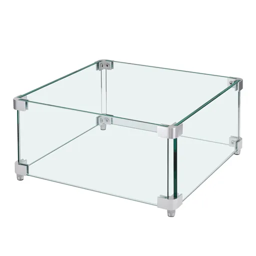 Gas Fire Pit Wind Guard for Square Fire Table, 380 x 380 x 180 mm Clear Tempered Wind Guard for Firepits, 8mm Thick Square Glass Shield, Glass Panel with Hard Corner Bracket & Feet