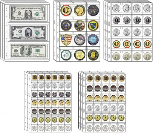 15 Sheets Coin Collection Supplies Pages, 5 Sizes Coins Collecting Pocket Page with Standard 9 Hole Coin Binder Sleeves for Coin Stamp Currency Collection