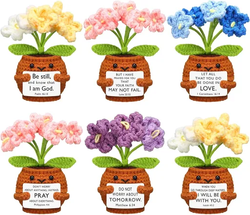 6 Pcs Christian Gift for Women Faith Scripture Religious Positive Handmade Crochet Doll with Bible Verse Prayer Card Inspirational Sunday Church(Forget Me Not) -