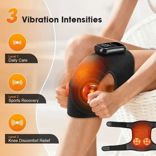 Smart Heating Knee Massager, 3 Heat & Vibration Levels, Touch Screen Display, 15-Minute Timer, Wireless Portable, Sports Recovery(BLACK)