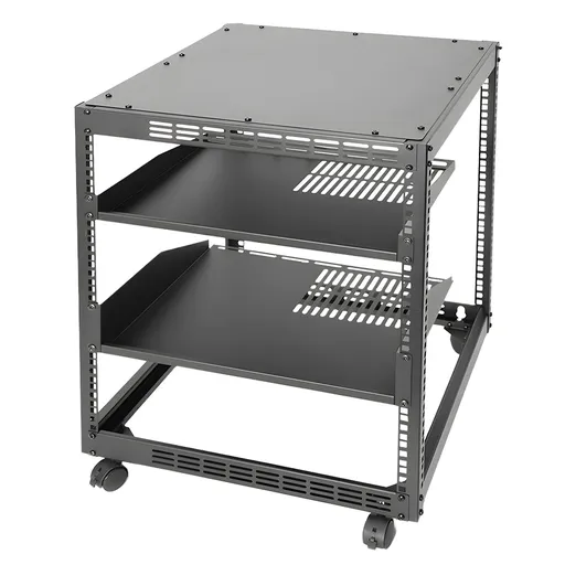 Alston 12U Open Frame Server Rack Hifi Device Rack with Vented Shelves Heavy Duty 4-Post AV/IT Network Rack Free Standing with Lockable Casters