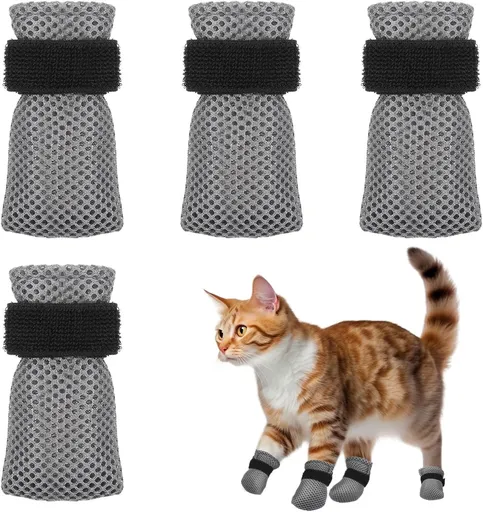 4 Pcs Cat Anti Scratch Mittens Adjustable Breathable Mesh Claw Covers for Bathing and Nail Trimming Gray, L Size