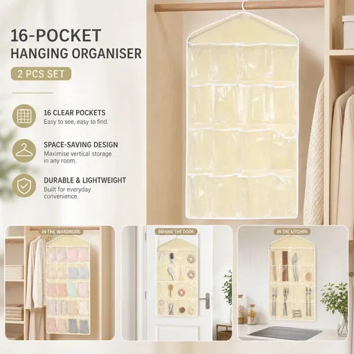 2 Pack 16-Grid Visible Wall Hanging Storage Bags, Lingerie Sock Organizer, Beige, Matching Closet Combo