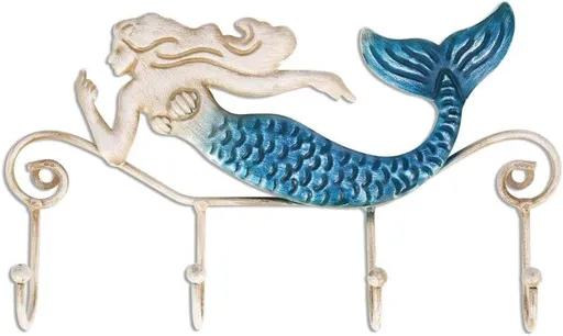 Wall Mounted Key Holder Iron Mermaid Wall Decoration 4 Hooks for Coats Towels Bags Wall Mount Clothes Holder Screws Included