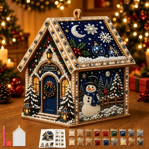 Adult Wooden Christmas House Diamond Painting Kit with Pearl Bead Details, 4-Sided Festive Art, Assembly Required, Tree Hanging Display, Christmas Craft Gift（Xuexuewu）