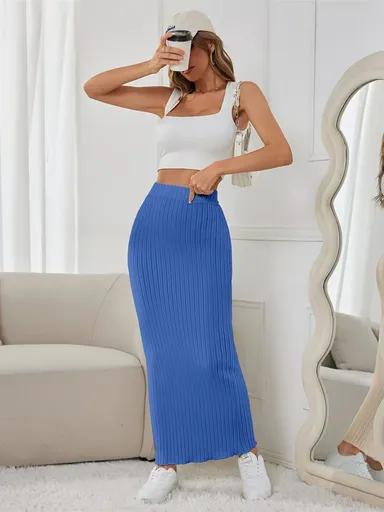 Ribbed Maxi Skirt Women'S Maxi Skirt Black Maxi Skirt Beige Maxi Skirt Trendy - Sky Blue - Size L