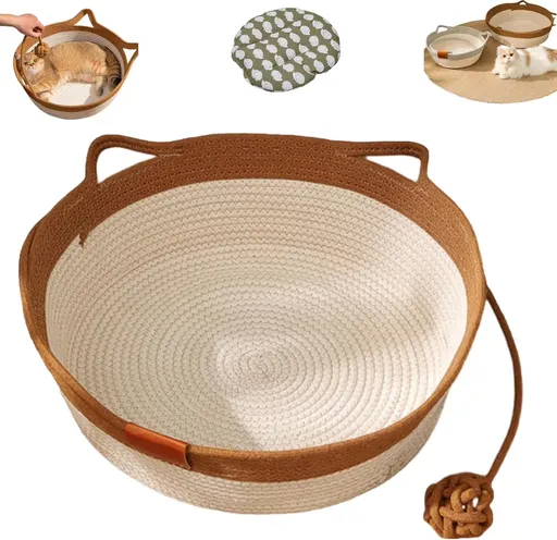 Cotton Rope Woven Cat Bed Basket with Hanging Toy Ball Foldable Round Pet Nest Brown M