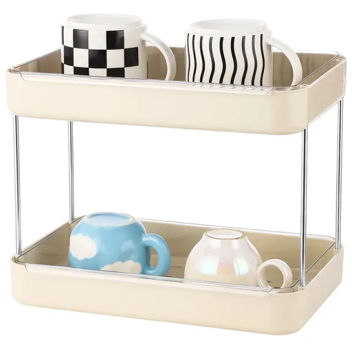 2-Tier Countertop Organizer, 13" x 9.1" Beige Shelf with Removable Drain Tray, Space Saving Storage Rack for Bathroom, Kitchen, Coffee Station, Metal Frame with ABS Tray