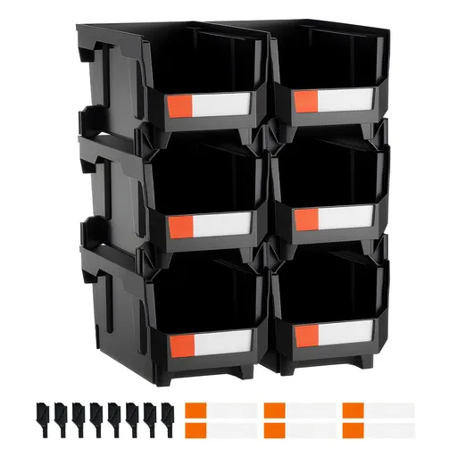 Plastic Stackable Storage Bins, 37.7 x 21.5 x 18 cm (6 Pack), Plastic Containers for Organizing and Storage Bins for Closet, Garage, Small Parts, Office Supplies and Other Accessories, Black