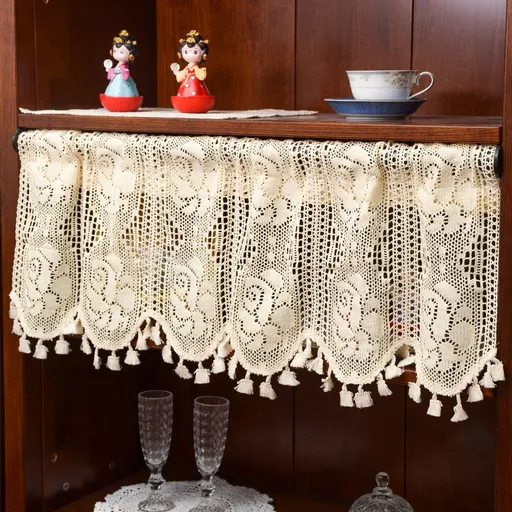 Vintage Curtains with tassels Curtain Valance for Kitchen Cafe, Short Boho Sheer Lace Crochet Curtain for Dinning Room 63" W x 24" L beige
