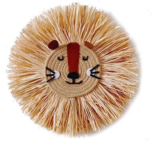 15.7 inch Wall Art Animal Head Hand Knitted Hanging,Cotton Thread Weaving Straw Cartoon Tassel Beard Lion Tiger Macrame Pendant