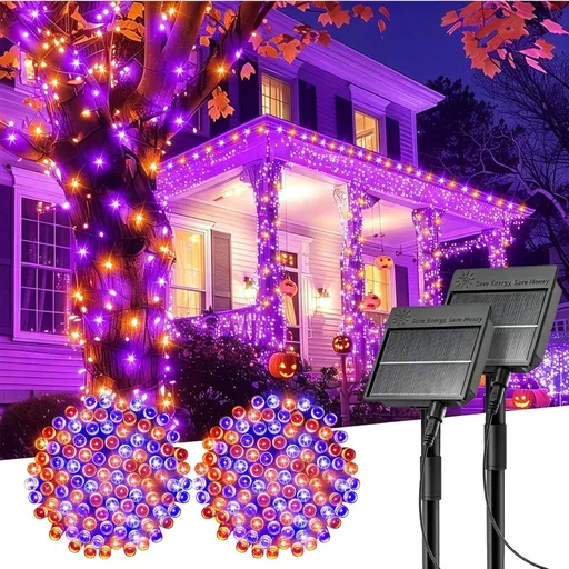 Solar String Lights Outdoor, 2 Pack LED Solar Outdoor Lights | Solar Fairy Lights with 8 Lighting Modes, Waterproof Solar Christmas Halloween Lights for Outside Tree Garden Balcony Gazebo Party - Orange Purple - Size 105ft 300-LED String Light