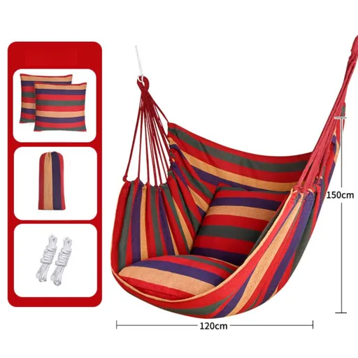 Red Stripes Oversized Hanging Swing Chair Canvas Hammock + 2 Pack 45 x 45CM Pillows Set (120 x 150 CM) - Portable Indoor & Outdoor Thickened Leisure Hammock Chair with Binding Ropes and Storage Bag