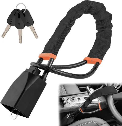 Car steering wheel lock for seat belts, Robust universal steering wheel lock, visibility car lock, Theft protection, 3 keys black, 72 cm