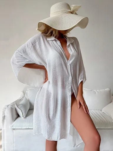 White Summer Beach Cover-Up- Bamboo Cotton Sun Protection Cardigan
